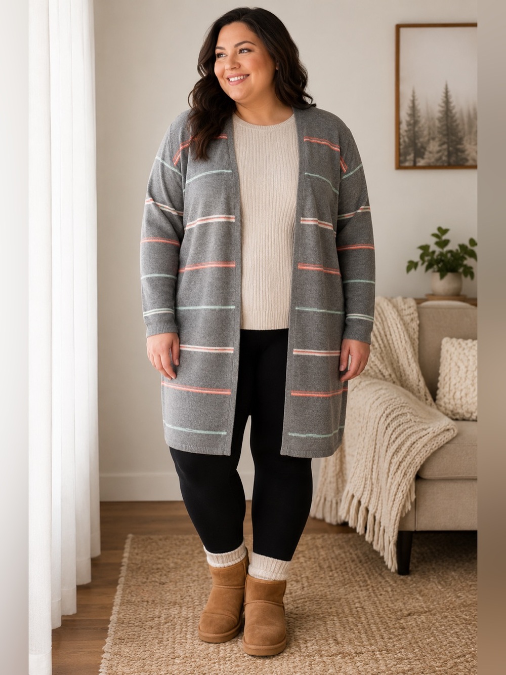 Cj Banks gray multicolor strip open cardigan 2x
